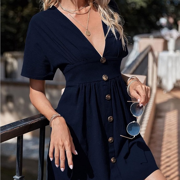 Deep V Neck Sundress with Sleeves | Buttons Down Front, A-Line Mini Dress | Navy - Picture 3 of 8